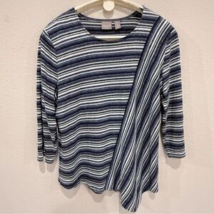 Chico’s Striped Asymmetrical Top Navy & White 3/4 Sleeves Size 12 (Chico’s 2)